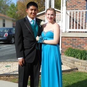 Blue prom dress with diamond beading.
